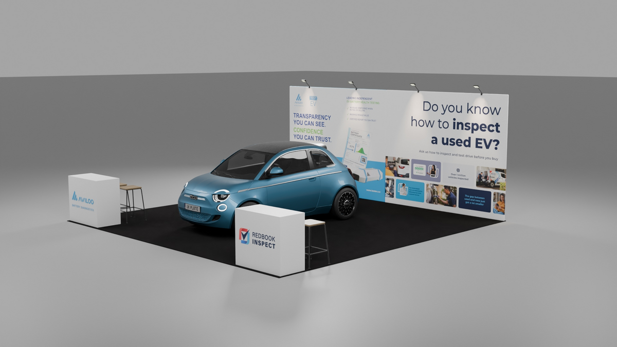 The Easy Booth Test EV stand design with a blue car, branded back wall and two counters