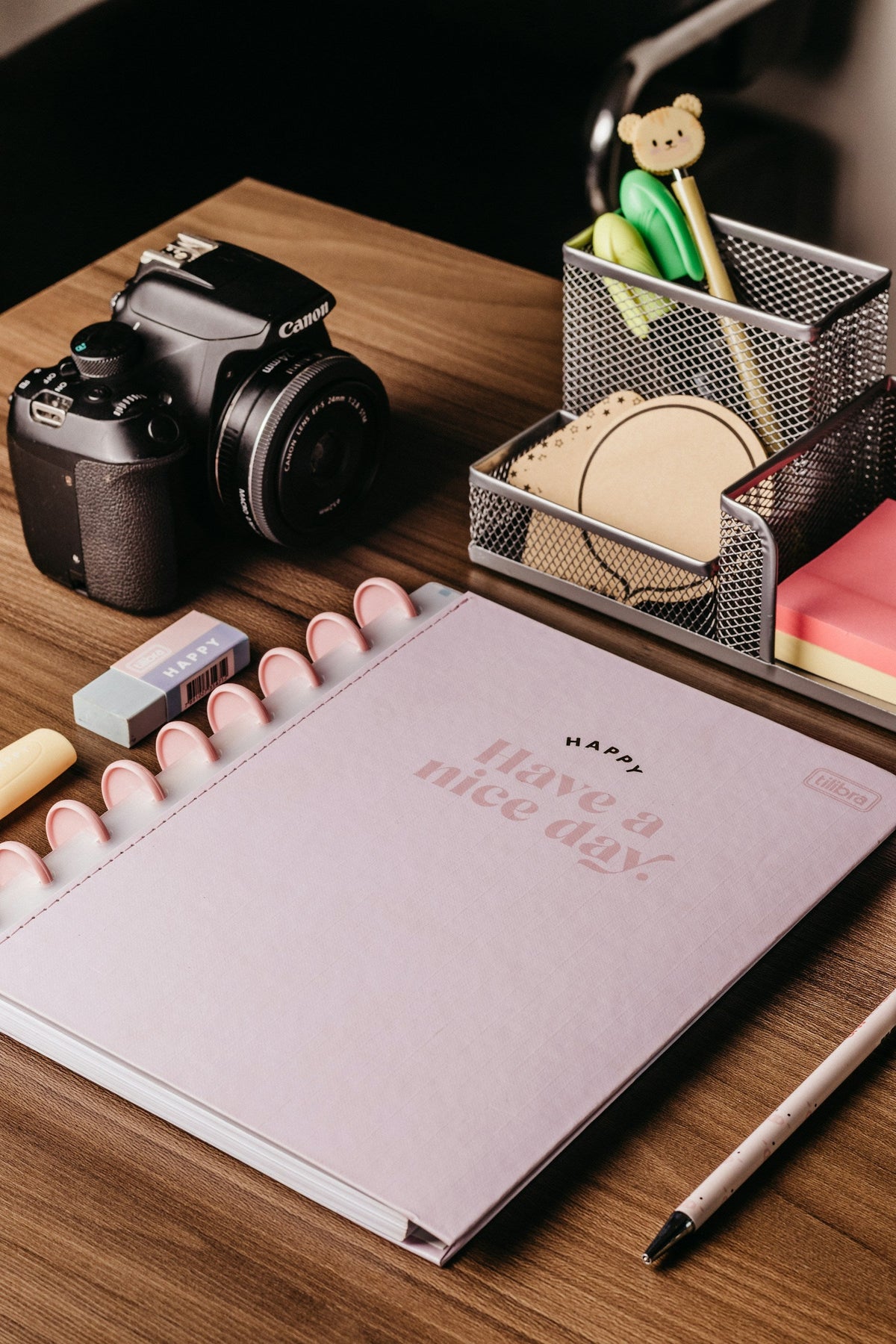Camera, notebook and pencils arranged on a desk