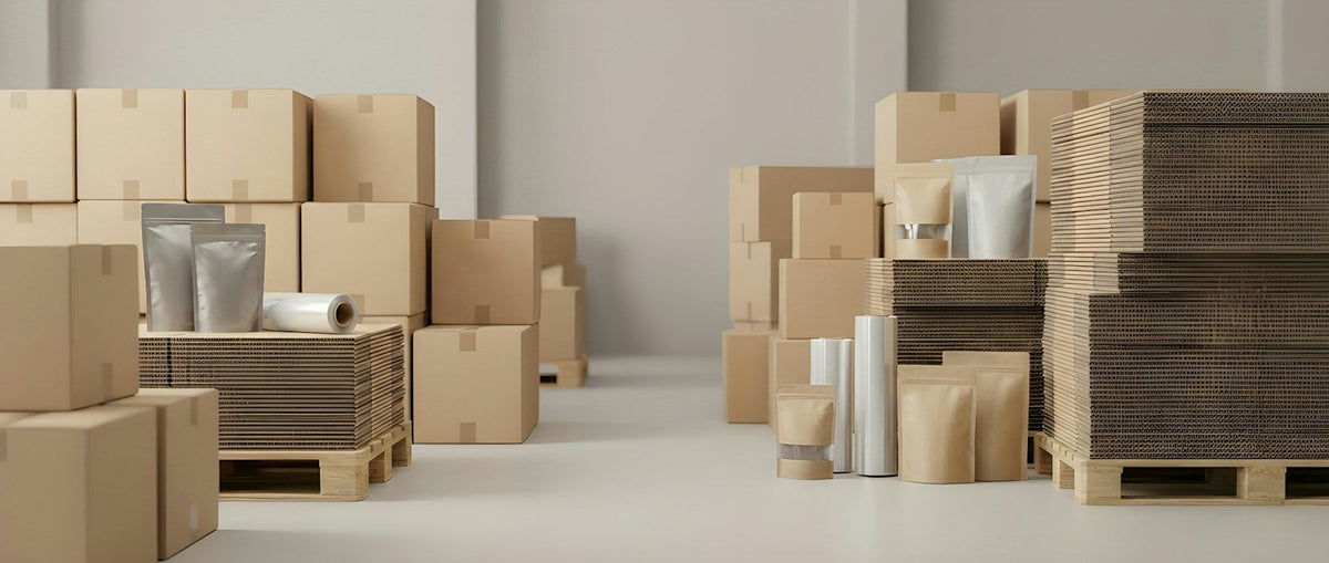 Cardboard boxes and packaging supplies in storage