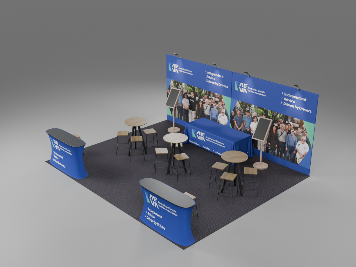 AEVA at Everything Electric 2026: a coordinated display kit for a volunteer-led stand — AEVA — Pre-show AEVA layout prepared for the client-managed assembly.