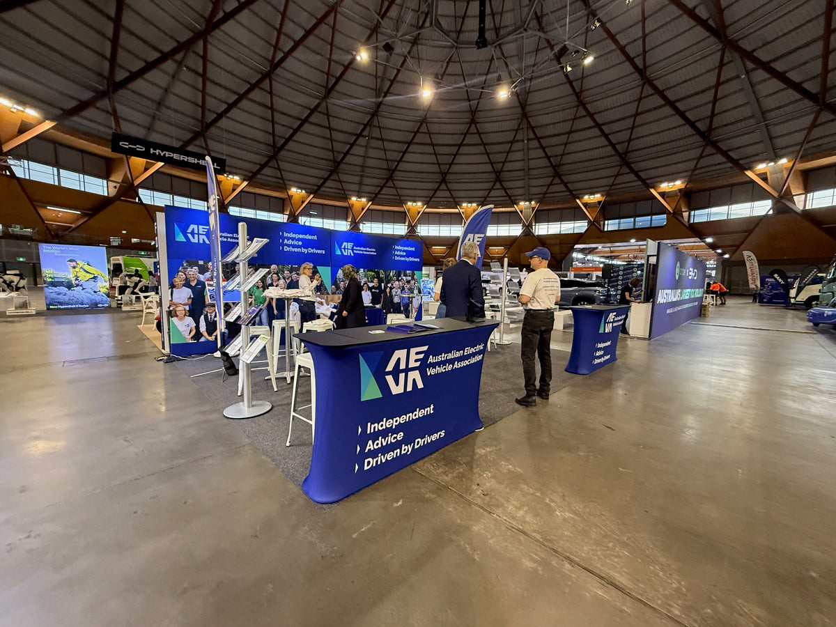 AEVA at Everything Electric 2026: a coordinated display kit for a volunteer-led stand — AEVA — Delivered display at Everything Electric 2026.