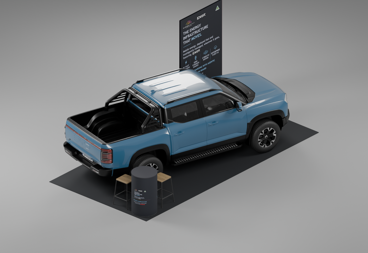 Alpine Energy at Everything Electric 2026: a compact display around the client’s vehicle — Alpine Energy — Pre-show layout render; the vehicle is shown as a placement reference.