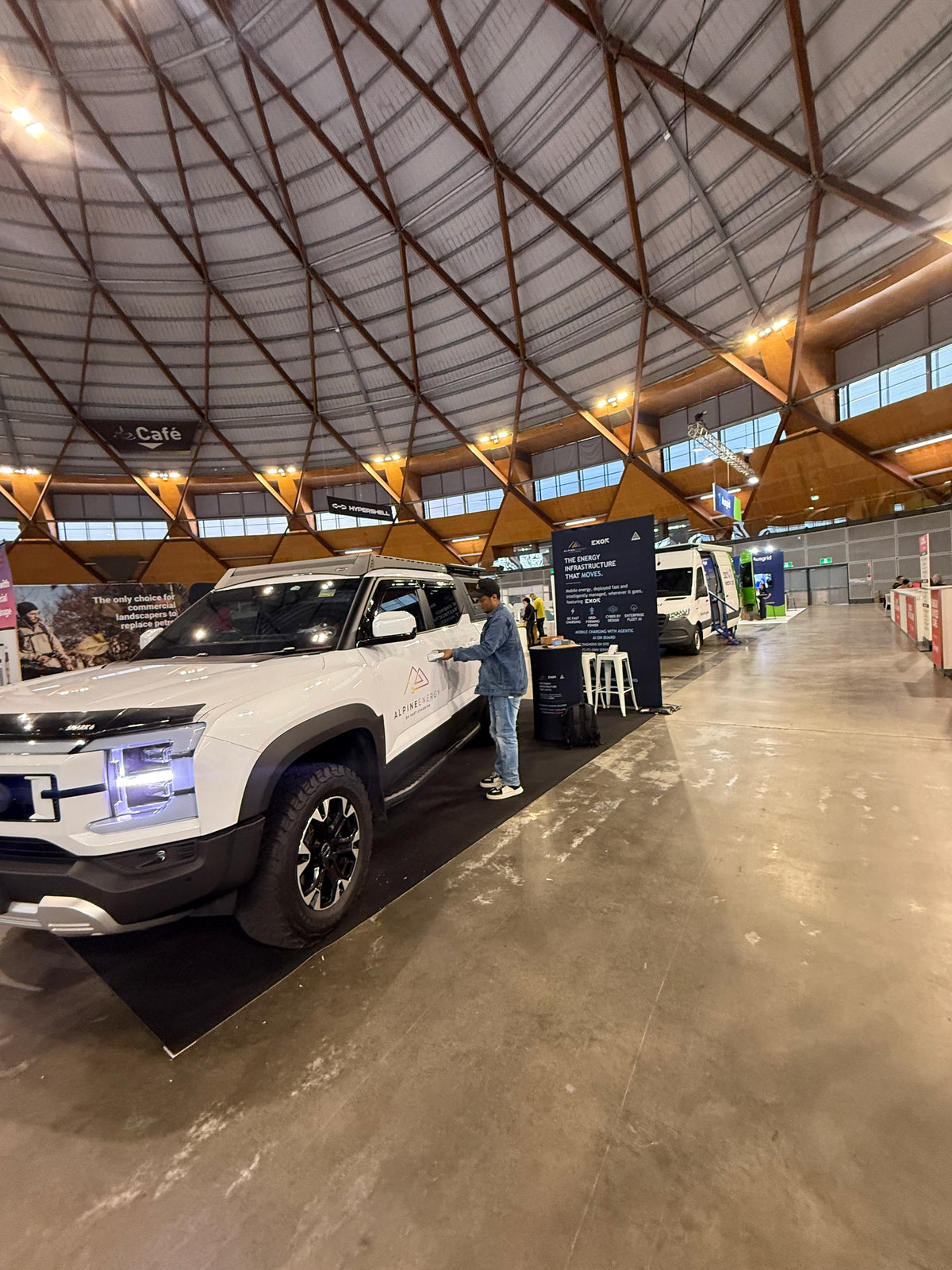 Alpine Energy at Everything Electric 2026: a compact display around the client’s vehicle — Alpine Energy — Delivered display at Everything Electric 2026.