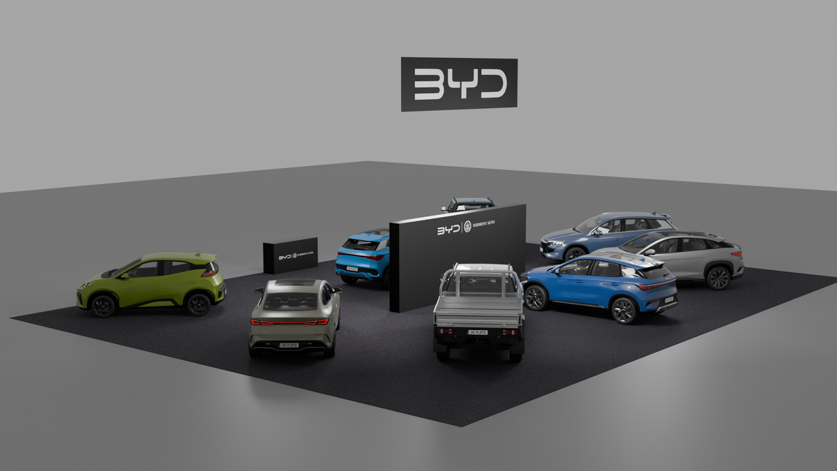 BYD at Everything Electric 2026: a central brand presence for a large vehicle display — BYD — Pre-show BYD layout; vehicle models illustrate the planned display arrangement.