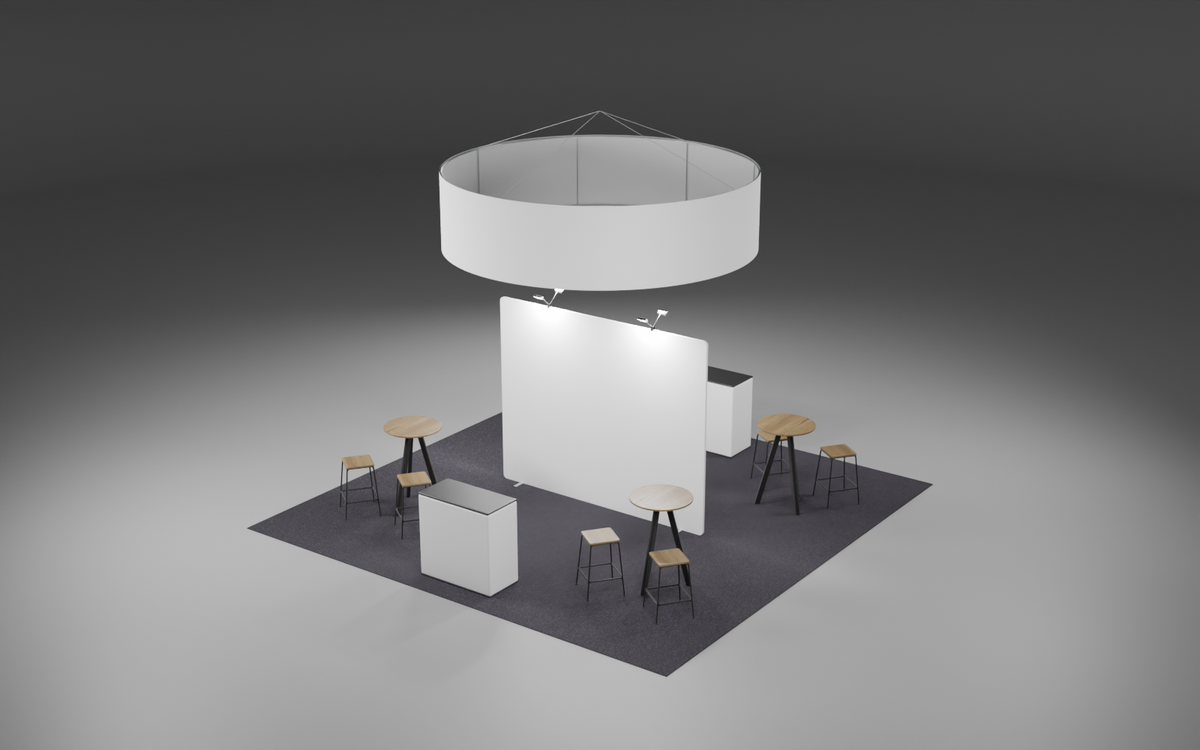 6m x 6m Island Fabric + Hanging Sign Bundle exhibition stand render