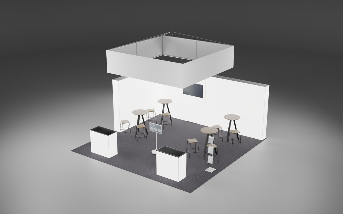 6m x 6m Screen 360 Corner + Square Sign Bundle exhibition stand render