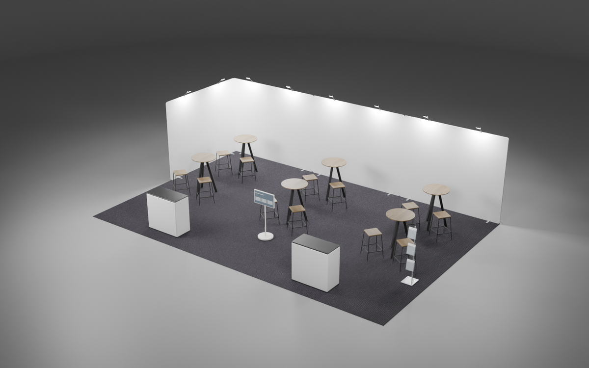 6m x 9m Corner Fabric + Touchscreen Bundle exhibition stand render