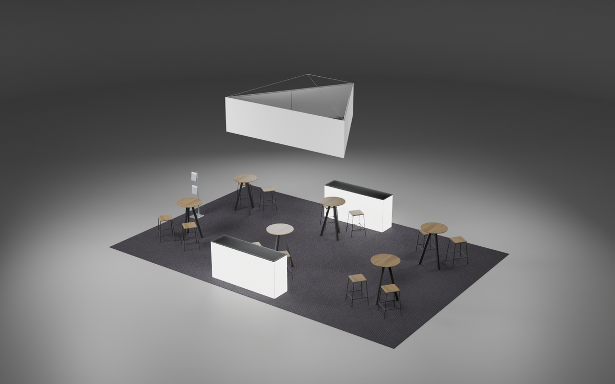 6m x 9m Hospitality Island + Triangle Bundle exhibition stand render