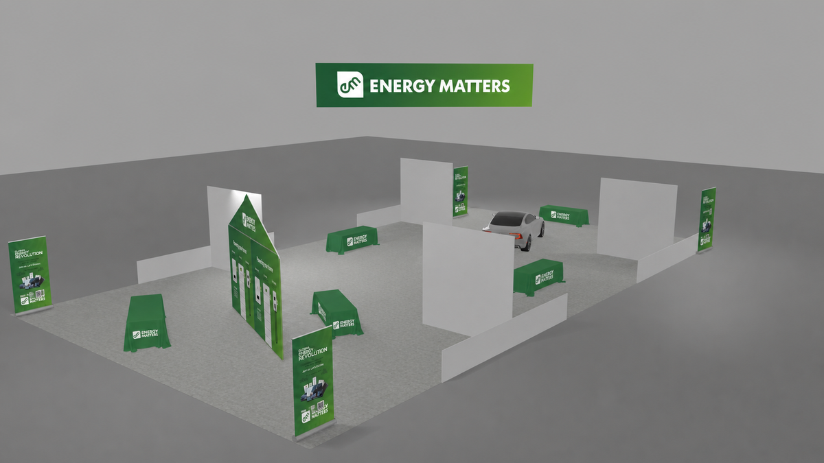 Energy Matters at Everything Electric 2026: one visual language across a multi-part pavilion — Energy Matters — Pre-show pavilion render showing the planned branded display elements.