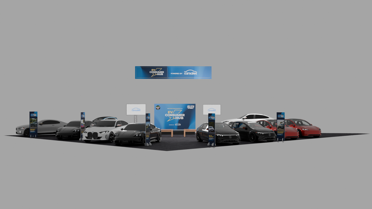 EV Consumer Hub at Everything Electric 2026: a clear identity for an EV education space — EV Consumer Hub pre-show layout render showing the stage, overhead banner and vehicle information boards