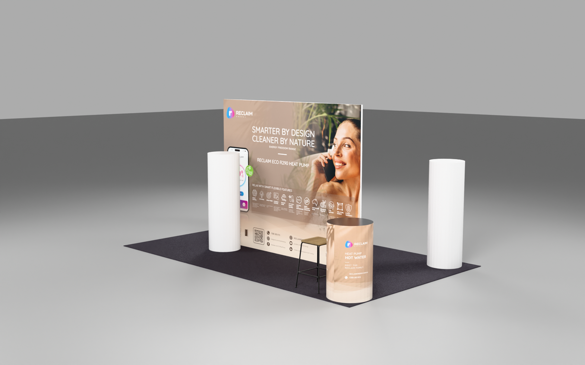 Reclaim Energy at Everything Electric 2026: two product stories on one double-sided display — Reclaim Energy — Pre-show render of the Eco R290 face and coordinated counter graphics.