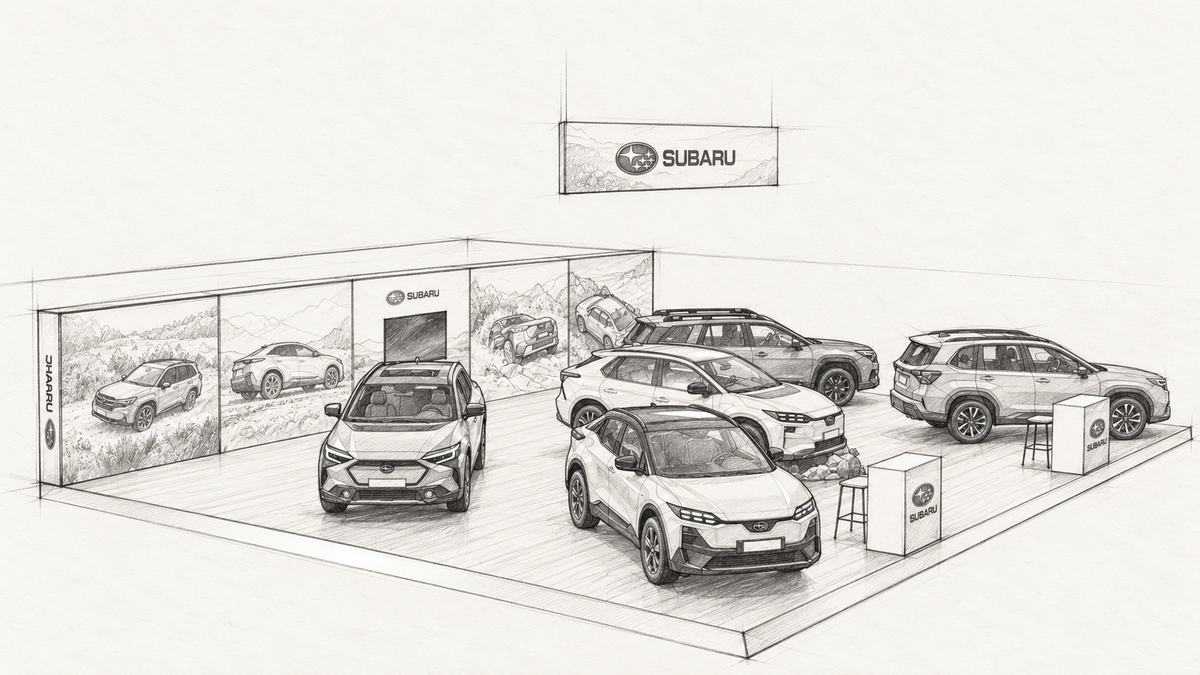 Subaru at Everything Electric 2026: a vehicle display built around five illuminated walls — Concept sketch of the Subaru booth, created from the approved 3D render.