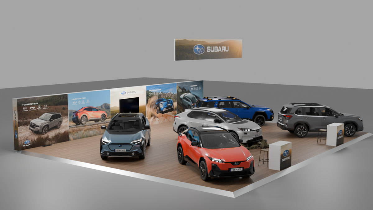 Subaru at Everything Electric 2026: a vehicle display built around five illuminated walls — Subaru — Pre-show Subaru layout with the supplied vehicle and brand artwork.
