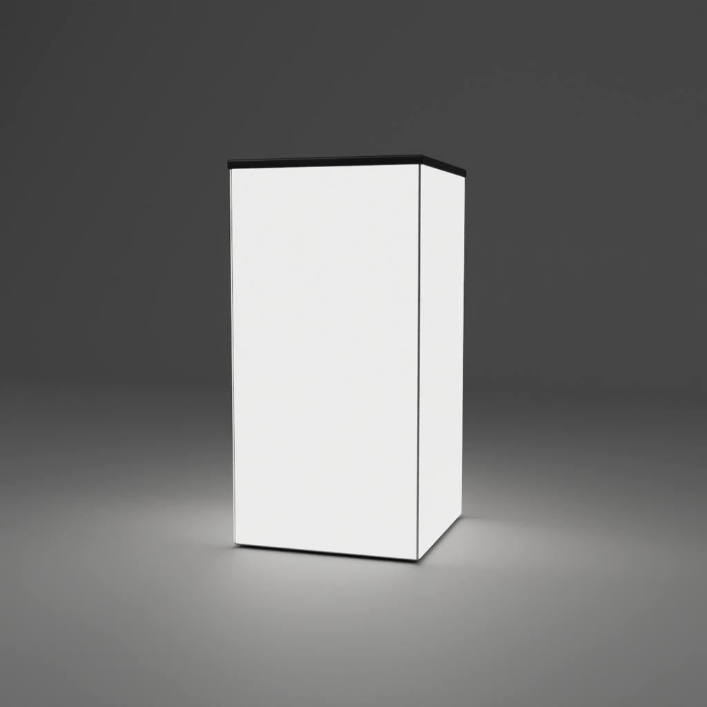 360 Lightbox Counter - 0.5m W x 1m H x 0.5m D — plain white fabric, lights on
