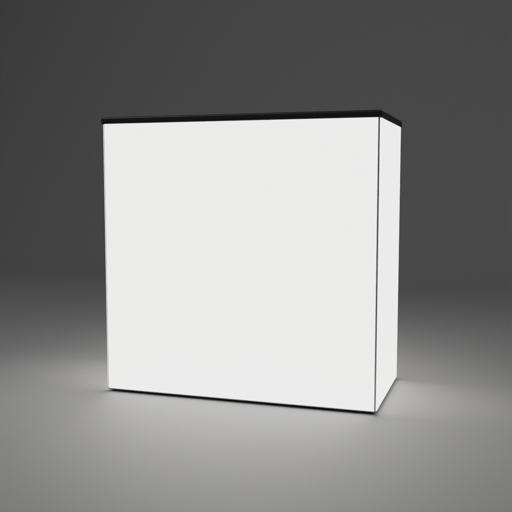 360 Lightbox Counter - 1m W x 1m H x 0.5m D — plain white fabric, lights on