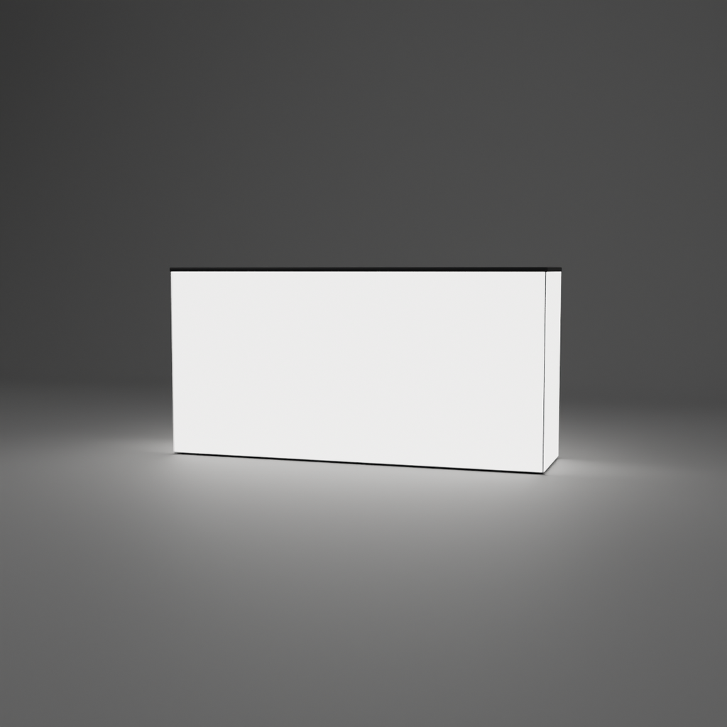 360 Lightbox Counter - 2m W x 1m H x 0.5m D — plain white fabric, lights on