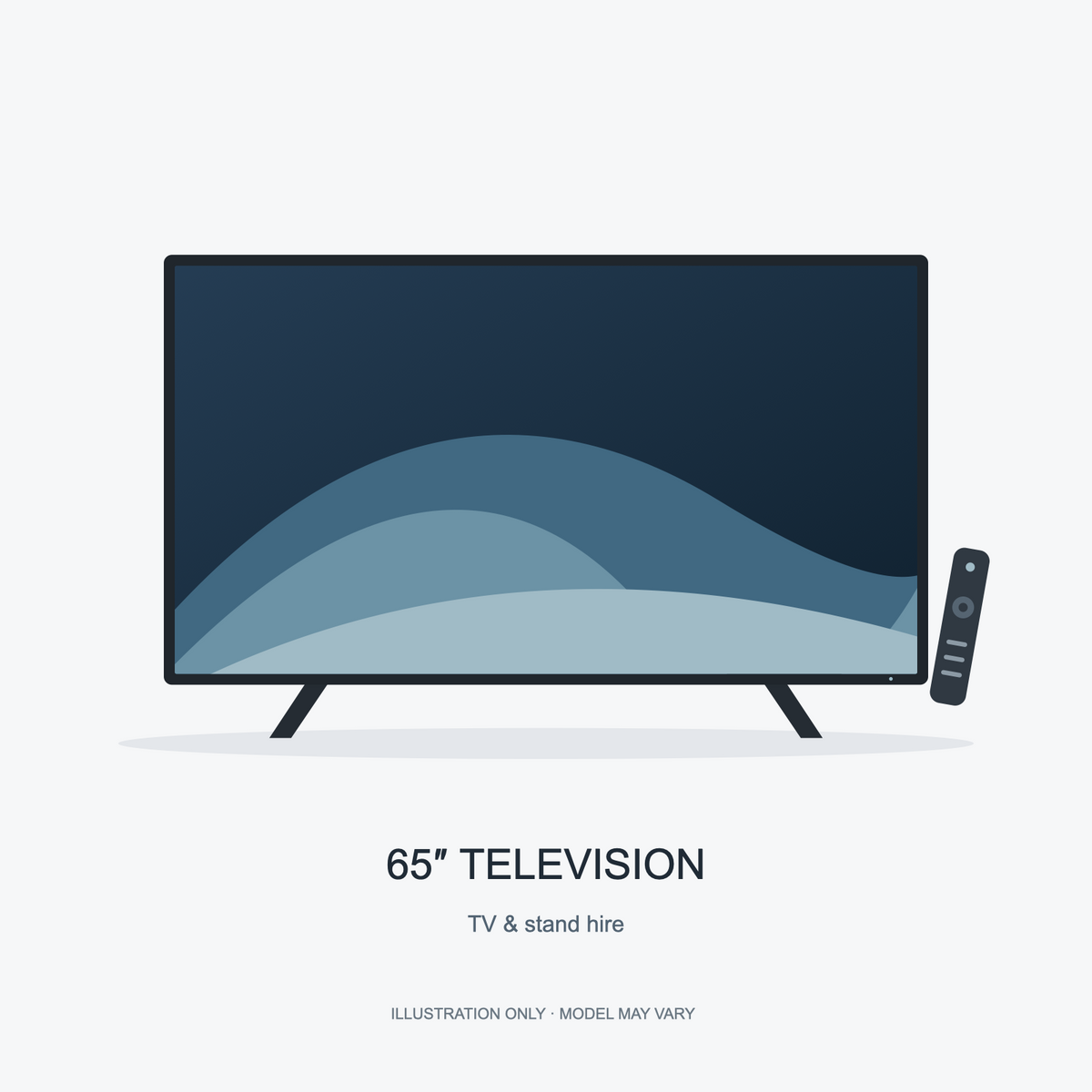 TV and Stand 65 inches Hire — television illustration with slim bezel, separate feet and remote