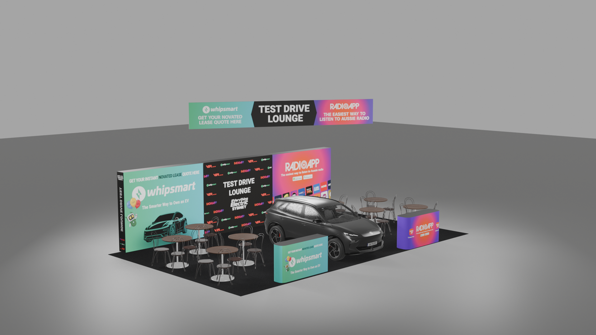 Test Drive Lounge at Everything Electric 2026: bringing three identities into one shared lounge — Test Drive Lounge — Pre-show lounge render showing the supplied display elements within the wider event setting.